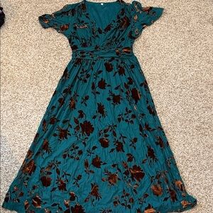 Elegant Teal and Brown Floral Dress
